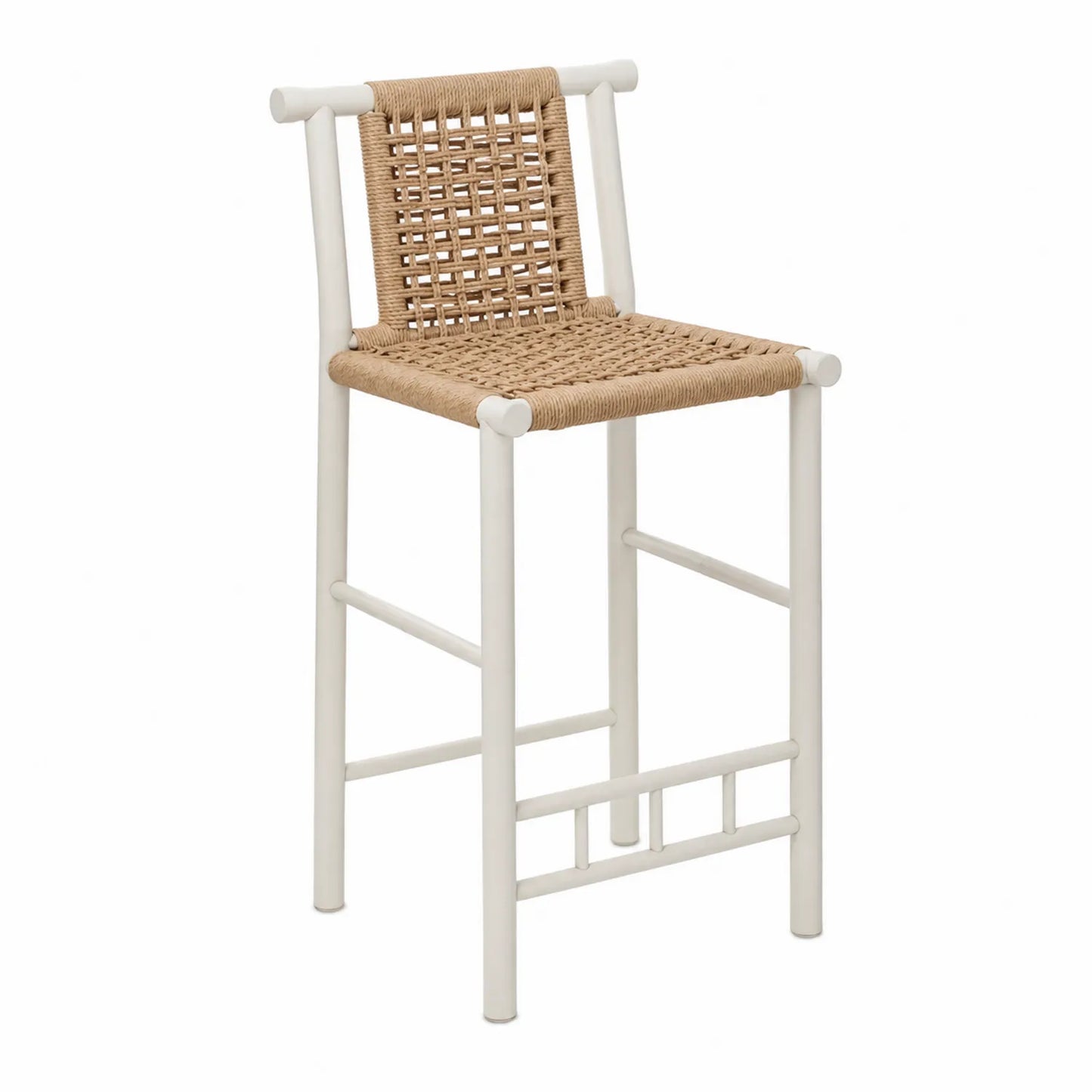Stahl- und Rattan-Barhocker, Weiß/Beige