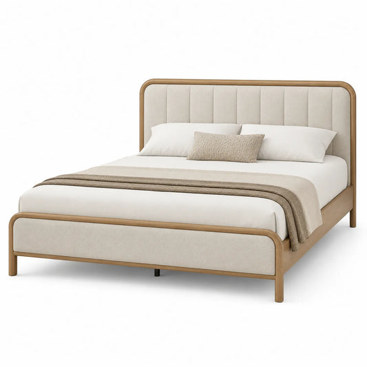 Doppelbett Eichenholzrahmen Stoffbezug Beige 200x160 cm
