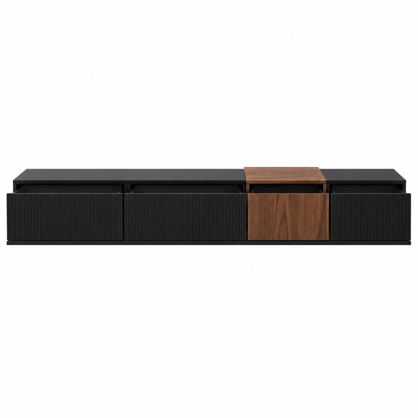 TV-Wandregal aus Holzfurnier und MDF in Schwarz und Walnuss, 200 cm
